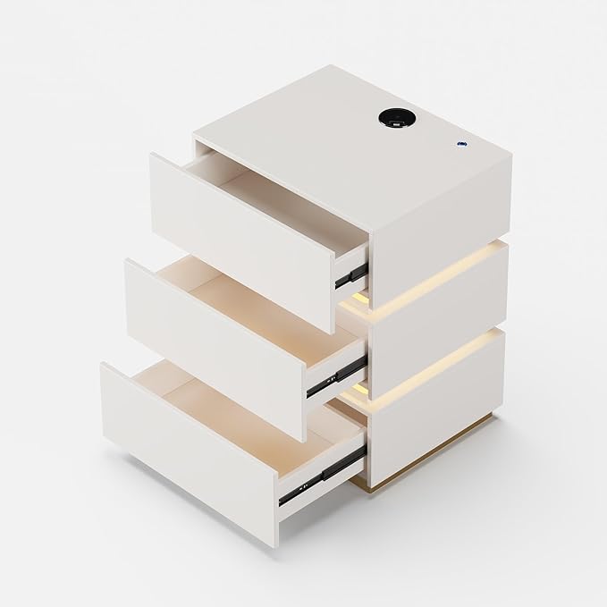 homary Modern Smart Nightstand with Wireless Charging Station, Bedside Table with 3 Drawers, White Night Stand with LED Light
