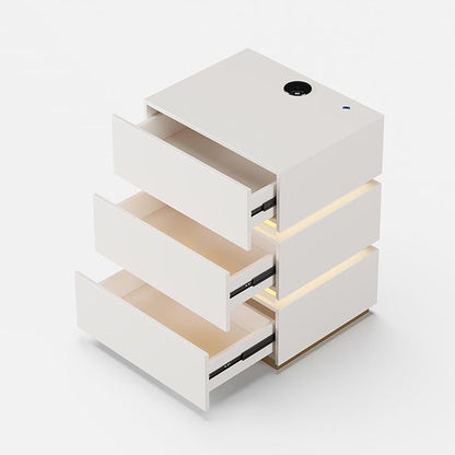 homary Modern Smart Nightstand with Wireless Charging Station, Bedside Table with 3 Drawers, White Night Stand with LED Light