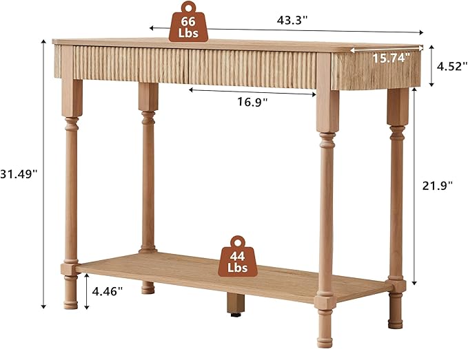 43.3'' Fluted Console Table for Entryway, Narrow Entryway Tables with 2 Wooden Drawers, Retro Sofa Table Behind Couch Accent Tables for Foyer, Living Room, Hallway (Natural)