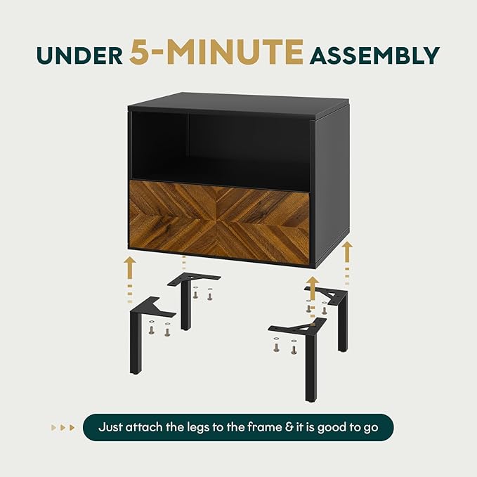 Bme Vivian Side Tables Bedroom, Solid Wood Bed Side Table, Mid Century Modern End Table with Drawer, Herringbone Pattern, Compact for Bedroom & Living Room, Easy Assembly, Chestnut