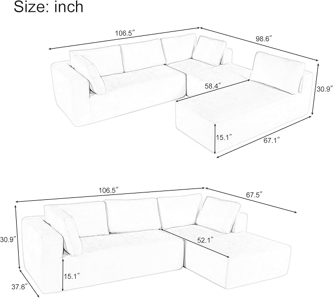 Modern Large Modular Sectional Sofa 3 Piece Free Combination, Beige