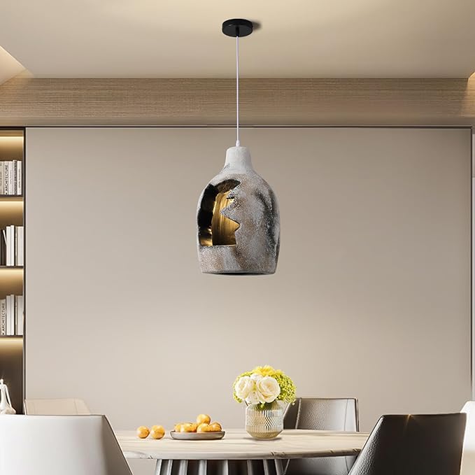 JAYMP Wabi Sabi Pendant Light for Dining Room Kitchen Island Hallway Farmhouse Hanging Lamp E26 Base Retroism Style Wine Bottle Shape Lighting Fixture (Antique White,C Shape, D26×H46cm)