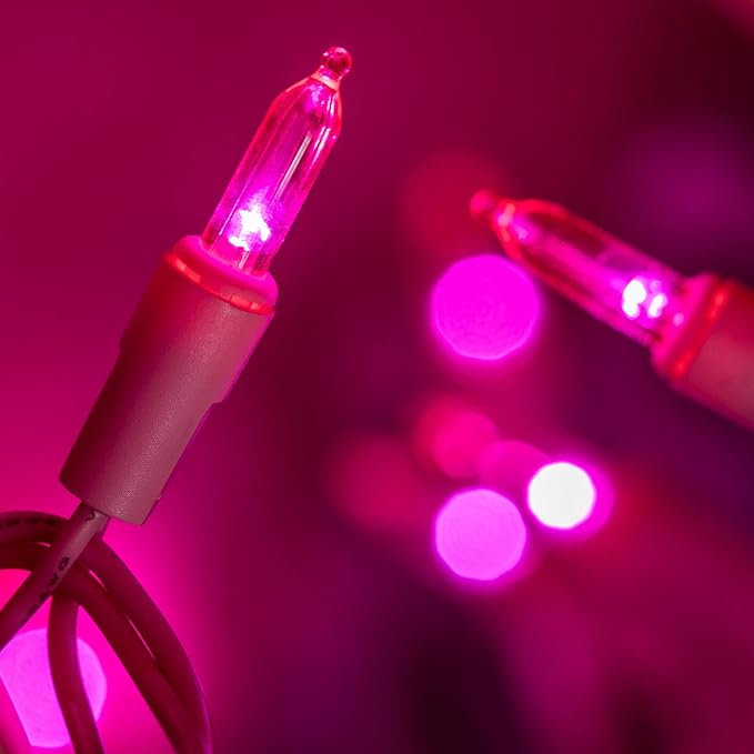 YULETIME Pink LED Christmas Lights with Pink Wire, 33 ft 100 Count UL Certified Commercial Grade Holiday String Light Set