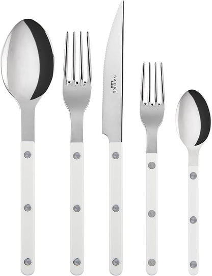 5-Piece Flatware Set - Bistrot Collection - Knife, Fork, Soup Spoon, Teaspoon & Dessert Fork - Stainless Steel & Nylon - Dishwasher Safe - White - Brilliant Finish