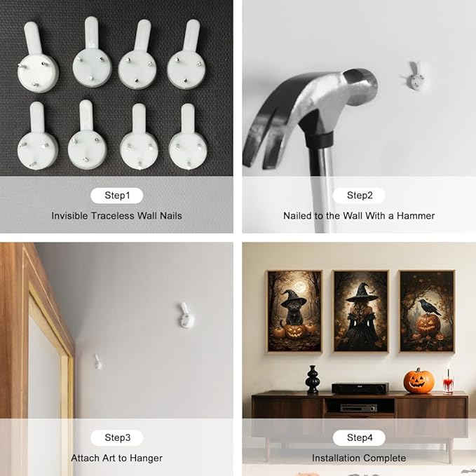 HOURIA Large Halloween Spooky Witch Black Cat Raven Framed Canvas Wall Art Set,Witchy Hat Pumpkin Wall Decor,Full Moon Autumn Forest Artwork,Dark Castle Art Prints for Living Room, Bedroom-24 x36 x3