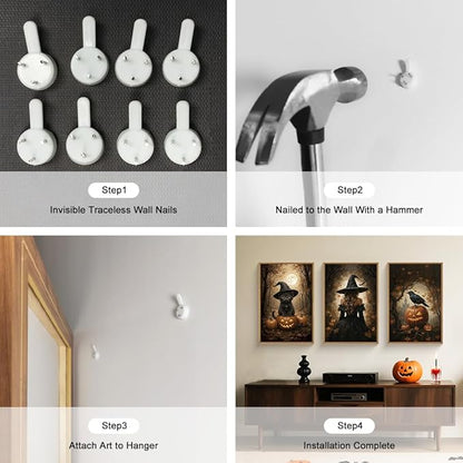 HOURIA Large Halloween Spooky Witch Black Cat Raven Framed Canvas Wall Art Set,Witchy Hat Pumpkin Wall Decor,Full Moon Autumn Forest Artwork,Dark Castle Art Prints for Living Room, Bedroom-24 x36 x3