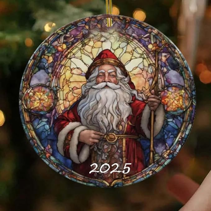 Santa Claus Ornaments 2025 in Stained Glass Style,2025 Christmas Ornaments, Round Fun Acrylic Decoration Gifts (Santa Claus)