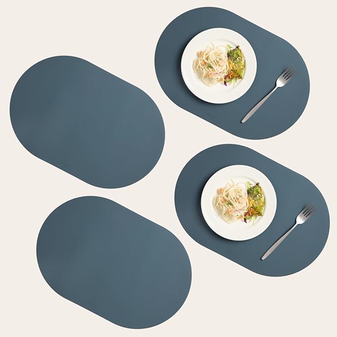 Steel Blue Oval Silicone Placemats Set of 4 – Heat Resistant, Waterproof, Easy to Clean Non-Slip Modern Dining Table Mats – Premium Leather Textured Japandi Kitchen Decor