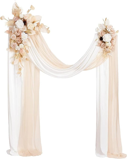 Ling's moment Spring Wedding Arch Flowers Kit Pack of 4, 2pcs Hanging Flower Arrangement 2pcs Chiffon Drapes Ceremony Fake Rose Arbor Backdrop Artificial Floral Outdoor Decorations, White Beige