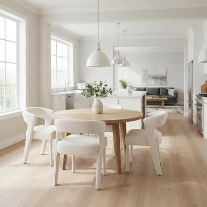 DUOMAY Modern Dining Chairs Set of 6, Chenille Fabric Upholstered Kitchen Chair with Curved Open Back Accent Side Chairs Dining Room Chairs with Wood Legs, White