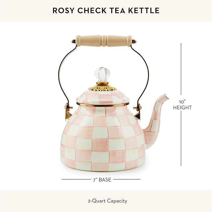 MACKENZIE-CHILDS Enamel Tea Kettle, Stylish Tea Kettle for Stovetop, Pink-and-White Rosy Check, 2 Quarts