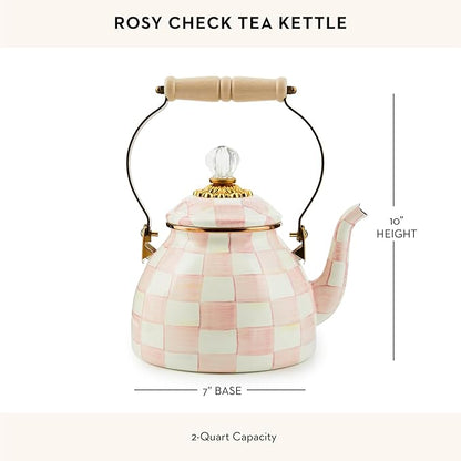 MACKENZIE-CHILDS Enamel Tea Kettle, Stylish Tea Kettle for Stovetop, Pink-and-White Rosy Check, 2 Quarts