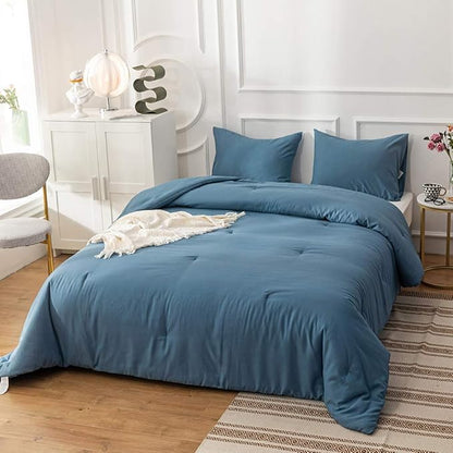 Pureant Blue Comforter Set King Size Dusty Blue Bedding Comforter Sets for Women Men Cotton Lake Blue King Comforter Soft Adults Grayish Comforter Sets Solid Color Quilt Breathable
