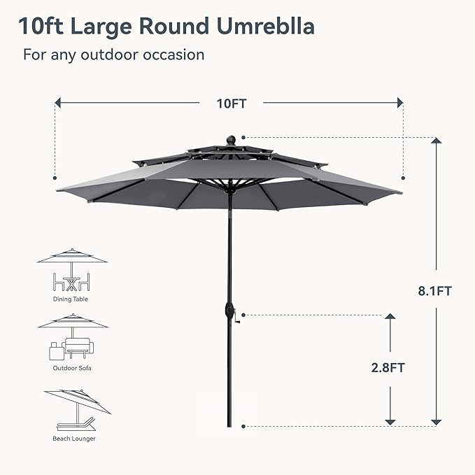 PHI VILLA 10ft Outdoor Patio Umbrellas for Outside, 3 Tier Vented Market Table Umbrella Windproof for Backyard, Deck, Garden, 1.5" Pole, Grey（No Base）