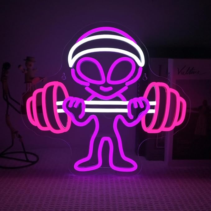 Lucunstar Alien Neon Sign,Dumbbell Gym Led Wall Decor,LED Alien Light,Shop Bar Man Cave,Teen Room,Game Room Decor,Hip Hop Party Neon Signs Wall Decor,Party Bedroom