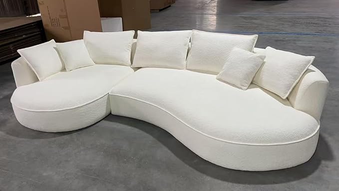125'' Modern Curved Cloud Sofa Luxury Living Room 5 Seater Combo Sofa Cloud Curve Design Mid Century Upholstered Sofa with Ottoman for Living Room Bedroom Apartment(Boucle+Left Facing, Beige)