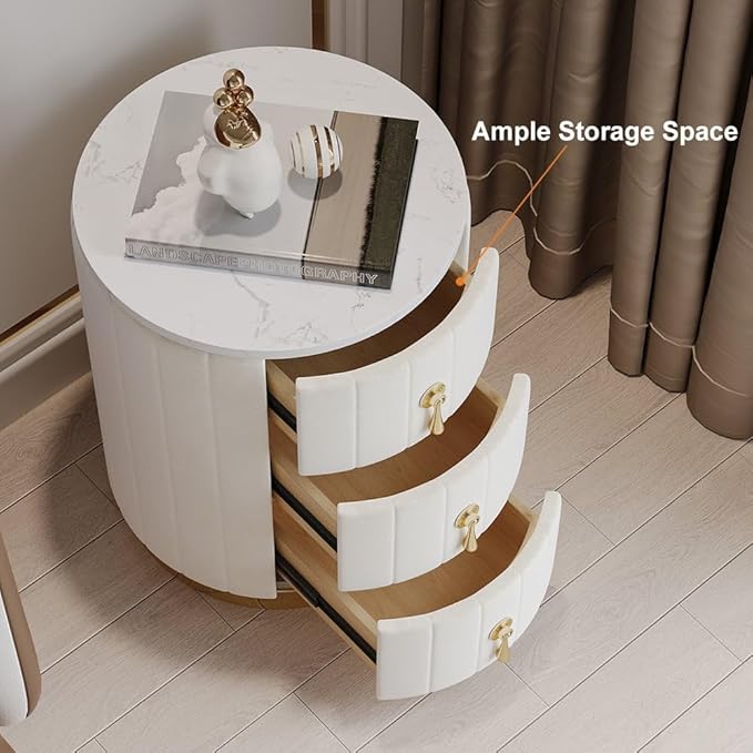 homary White Velvet Nightstand with 3 Drawers, Round Bedside Table with Sintered Stone Top, Modern Nightstand with Storage for Bedroom, End Table for Living Room