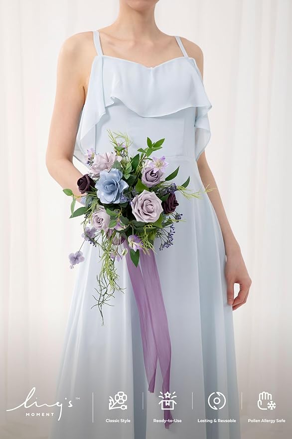 Ling's moment Bridesmaid Bouquet, Sage Purple & Provence Wedding Bouquets for Bridesmaids, 7 Inch Bridal Bouquets for Bridesmaids, Wedding, Ceremony, Anniversary, etc.