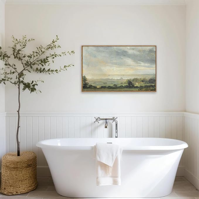 KBKBART Framed Vintage Landscape Wall Art Prints, Retro Green Forest Valley Nature Wilderness Illustrations Canvas Painting, Farmhouse Decor Wall Art Ready To Hang for Bedroom, Living Room, Bathroom,