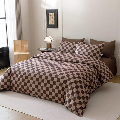 CLOTHKNOW Dark Brown Plaid Comforter Set Queen Grid Bedding Comforter Sets Soft Checkerboard Comforter Geometric Comforter with 2 x Pillow Cases
