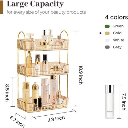 Bathroom Counter Organizer Countertop, 3 Tier Makeup Perfume Shelf Storage, Skincare Cosmetic Tray for Dresser Vanity - Gold
