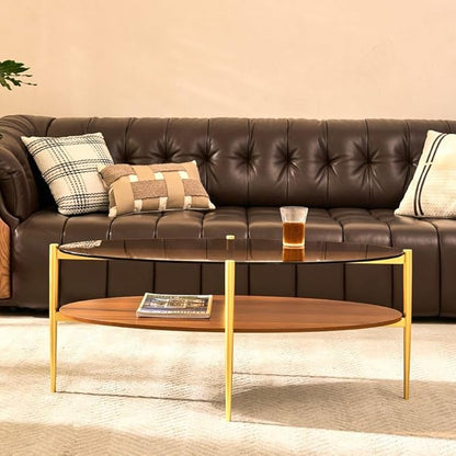 AGV LIGHTING Oval Coffee Table, Mid-Century Modern Coffee Table, Glass Coffee Table, Glod Finish Legs, Amber Brown Glass Top with Walnut MDF Shelf