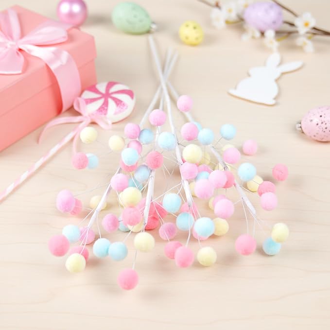 6 Pcs Pastel Pom Poms Christmas Decorations & Felt Christmas Picks and Sprays DIY Xmas Tree Toppers, Easter Deocrantions Festive Tree Filler & Easter Decor (Pastel Colors)
