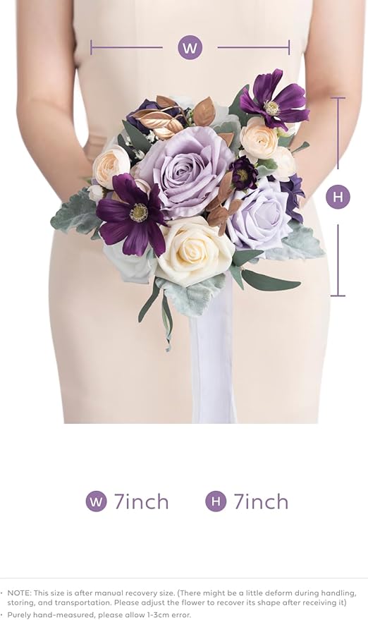 Ling's moment Artificial Flowers Purple Bridesmaid Bouquet, Lavender Wedding Flowers Bouquets for Bridesmaids, 7 Inch Bridal Bouquets for Bridesmaids, Wedding, Ceremony, Anniversary, etc