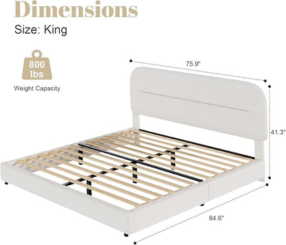King Size Boucle Bed Frame, Upholstered Cloud with Headboard, Soft Platform with Thickened Footboard, Rounded Corners, No Box Spring Required, Easy Assembly, Cream