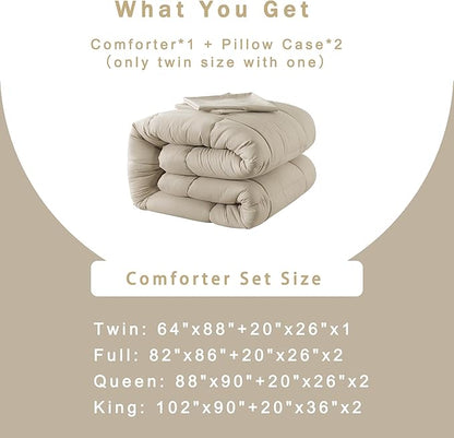DOWNCOOL Queen Comforter Set -All Season Bedding Comforters Sets with 2 Pillow Cases-3 Pieces Bedding Sets Queen -Down Alternative Beige Queen Size Comforter Sets(88"x90")
