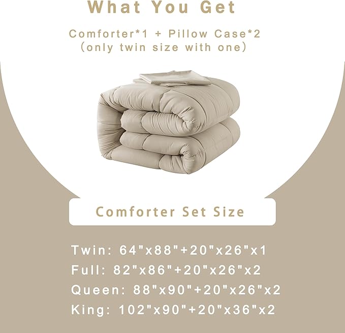 DOWNCOOL Full Size Comforter Sets -All Season Bedding Comforters Sets with 2 Pillow Cases -3 Pieces Bed Set Down Alternative Comforter Set -Beige Bedding Sets Full(82"x86")