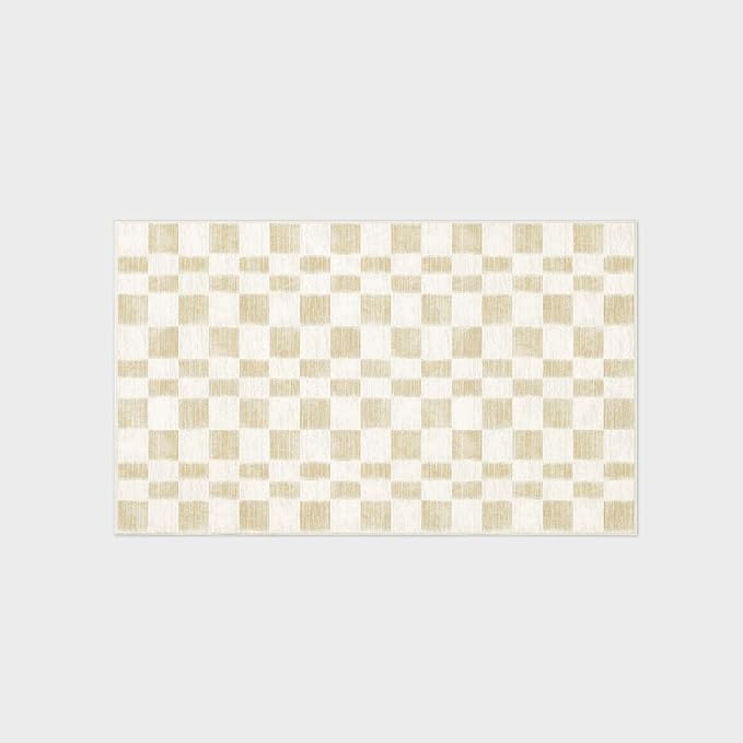 EVERGRACE Checkered Plaid Area Rug 3x5, Soft Faux Wool Rugs Washable Anti Slip Rugs Small Rug Carpet for Entryway Bedroom Living Room Hallway Kitchen Dining Room and Laundry Room, Beige