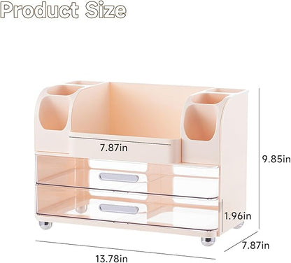 Makeup Organizer for Vanity with 2 Large Drawers, Cosmetic Display Case with Brush Holders, Easy to Storage for Bathroom Countertop Skincare, Desk Office Supplies, Cream White