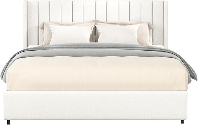 Queen Size Boucle Upholstered Platform Bed Frame with Vertical Stripes Tufted Headboard 2 Drawers Storage Wooden Slat Mattress Support Easy to Assemble No Box Spring Needed Noise Free No Slip Ivory