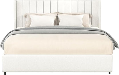 Queen Size Boucle Upholstered Platform Bed Frame with Vertical Stripes Tufted Headboard 2 Drawers Storage Wooden Slat Mattress Support Easy to Assemble No Box Spring Needed Noise Free No Slip Ivory