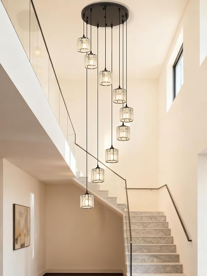 Long Chandeliers for High Ceilings,Modern Crystal Pendant Light,Raindrop Drop Lamp,Hanging Lighting Fixtures for Spiral Staircase,Foyer,Entryway,Living Room,Black (9 Lights)