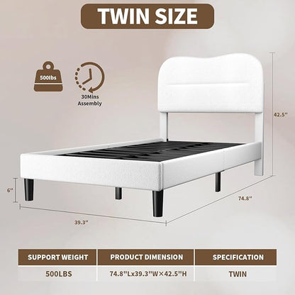 Twin Bed Frames with Headboard, Upholstered Bed Frame Twin, Teddy Soft Boucle Fabric Twin Size bedframes, Soft Cloud Marshmallow Shape Upholstered Headboard, No Box Spring Needed, Noise Free (White)