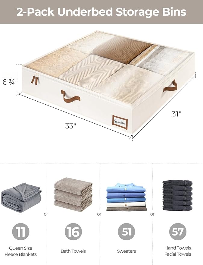 StorageWorks Underbed Storage Box, Under Bed Clothes Organizer With Sturdy Structure and Ultra Thick Fabric, 33" L x 31" W x 6 ¾ "H, 2 pack