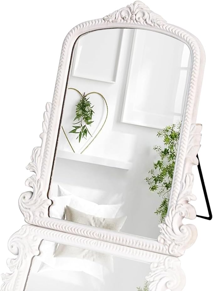 11.8" x 9.6" Small White Arched Vanity Mirror, Vintage Makeup Mirror Baroque Style Arendahl Carved Mirror with Frame for Desk Decorative Table Aesthetic