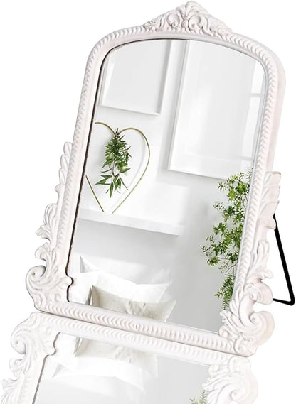 11.8" x 9.6" Small White Arched Vanity Mirror, Vintage Makeup Mirror Baroque Style Arendahl Carved Mirror with Frame for Desk Decorative Table Aesthetic