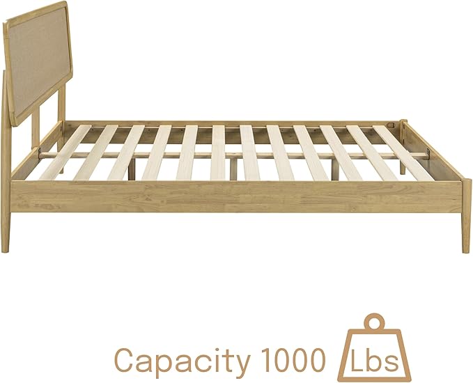 NTC Lupin Wooden Bed Frame with Headboard, Solid Oak and Rubber Wood Foundation with Silent Slats and Wood Central Supports, 1000 Lb Capacity, King - Sand
