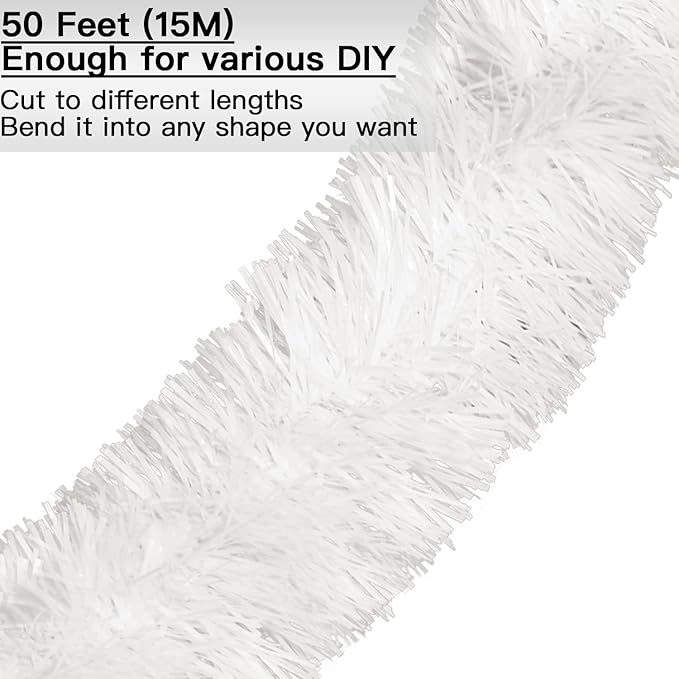 Jishi 50 FT Christmas Garland White Tinsel Garland Christmas Tree Decorations - Non-Lit Xmas Holiday Decor Outdoor Indoor Home Garden Outside Wedding Party Artificial Thick White Decorative Garland