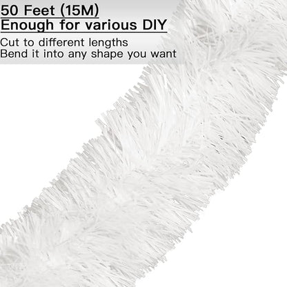 Jishi 50 FT Christmas Garland White Tinsel Garland Christmas Tree Decorations - Non-Lit Xmas Holiday Decor Outdoor Indoor Home Garden Outside Wedding Party Artificial Thick White Decorative Garland