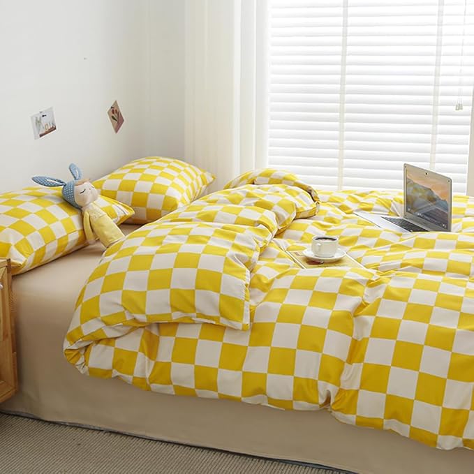 CLOTHKNOW Yellow Plaid Twin/Twin XL Comforter Set 3Pcs Checkerboard Grid Bedding Comforter Sets Yellow Grid Bed Comforter Sets