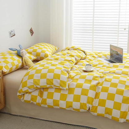 CLOTHKNOW Yellow Plaid Full Comforter Set 3Pcs Grid Bedding Comforter Sets Yellow White Comforter Full Soft Light Yellow Full Size Comforter Sets