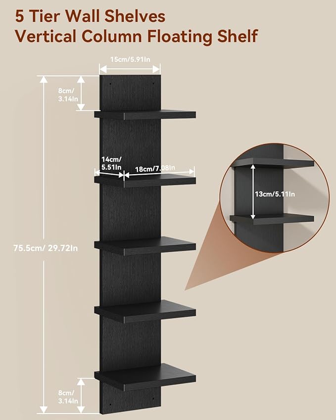 IBUYKE 5 Tier Wall Shelf Unit,Black Vertical Shelf,Floating Storage Shelf,Decorative Wall Mount Vertical Shelving for Home, Bedroom,Living Room,Office Decor WBC009B-2