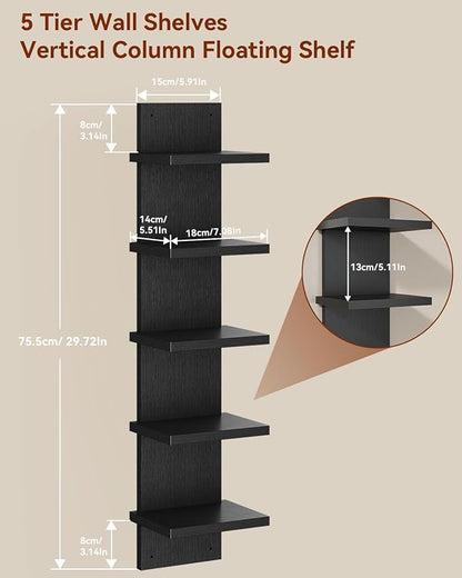 IBUYKE 5 Tier Wall Shelf Unit,Black Vertical Shelf,Floating Storage Shelf,Decorative Wall Mount Vertical Shelving for Home, Bedroom,Living Room,Office Decor WBC009B-2