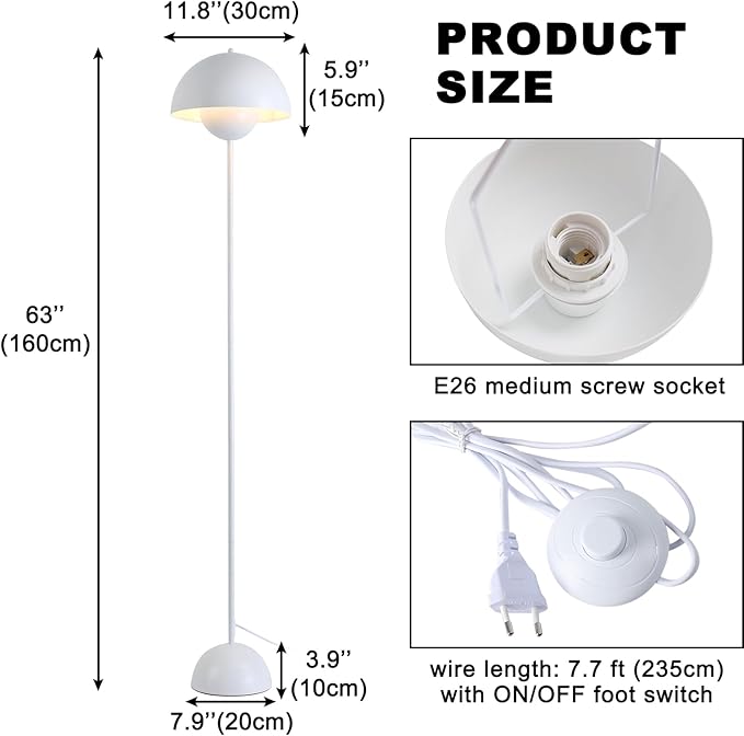 COSYLUX Modern Floor Lamp for Living Room, Industrial Tall Standing Lamp for Bedroom, Metal Shade Reflecting Light Reading Floor Lamp for Office, Nursery Room, Corner(Matte White)