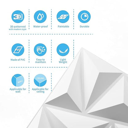 Art3d 3D Wall Panels 100 Pack, 11.8" x 11.8" (97 Sq.ft) PVC Wall Panels - Glue Up Panels Wall Decor for Living Room, Bedroom, Office, White