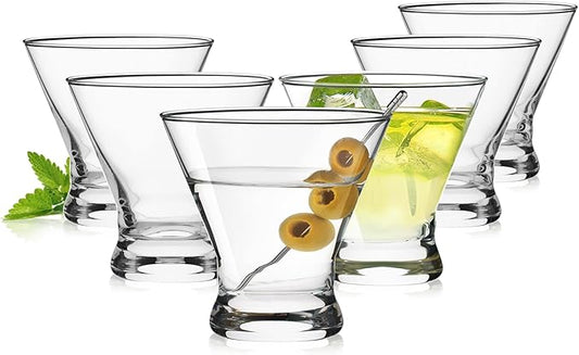 Martini Glasses Set of 6, 8oz Stemless Martini Cocktail Glasses for Margarita, Cosmopolitan, Manhattan, Home Bar, Gimlet, Pisco Sour, Brandy, Crystal Clear